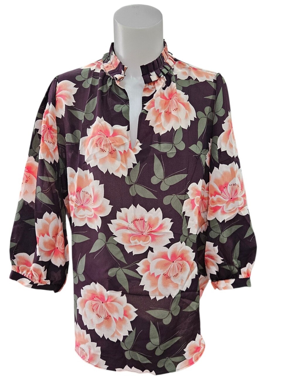 Ann Taylor 100% Silk Purple Wine Big Pink Floral Butterflies Bloomcore Tunic M